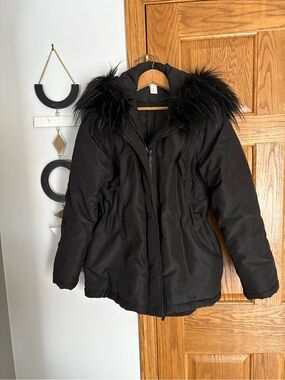 H&M Black Puffer Jacket with Faux Fur Hood